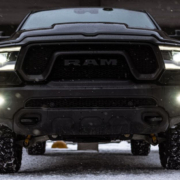 low-angle-shot-of-a-black-ram-pickup-truck-on-a-parking-lot-rocket-chip-plug-in-performance-chip