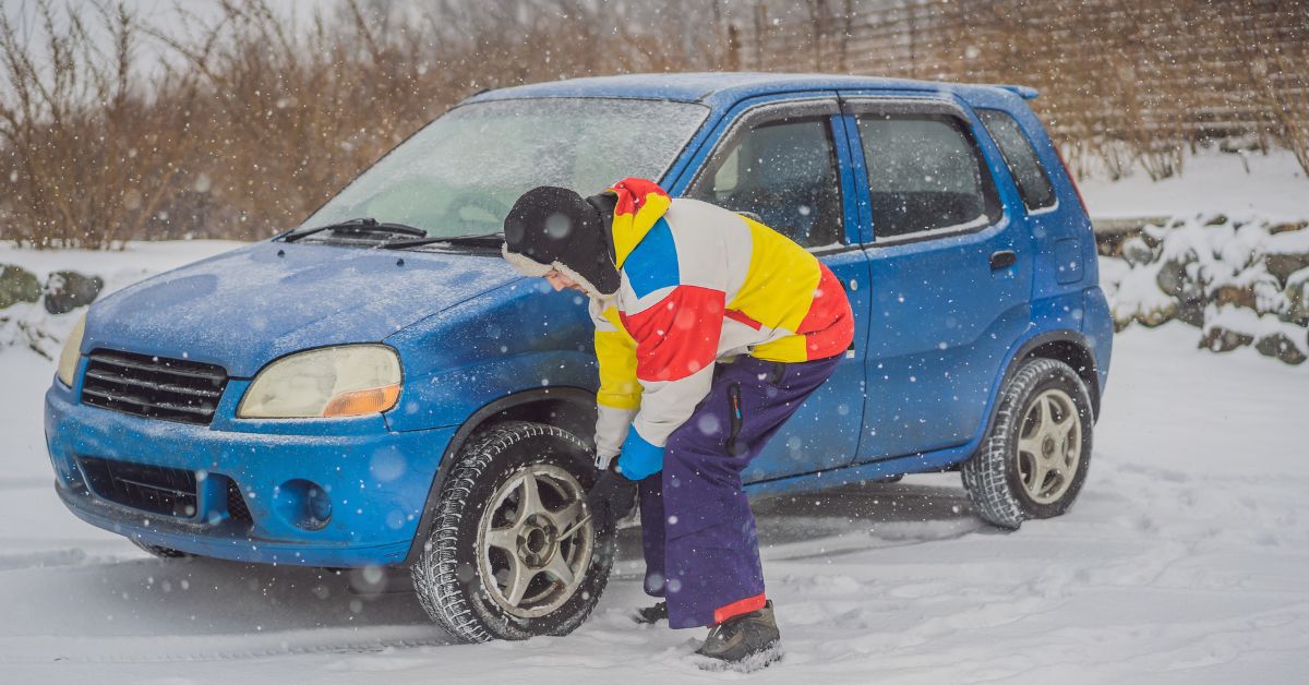 person changing tire during winter storm - rocket chip winter preparation for your vehicle