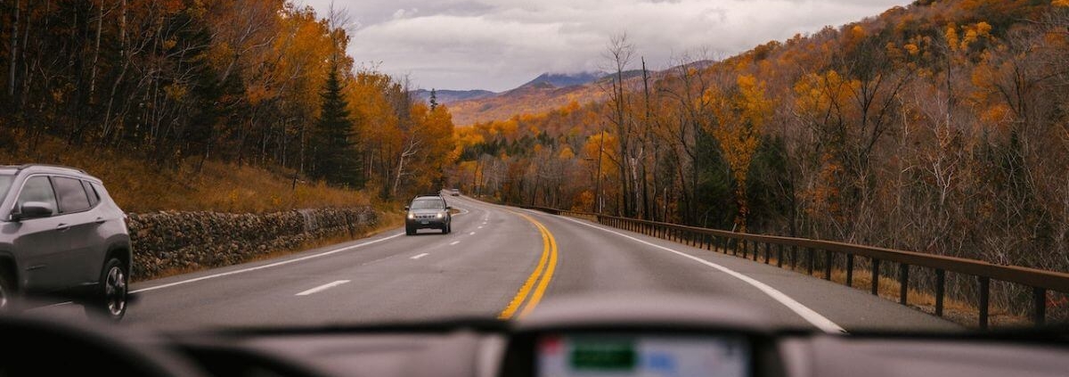 /car-riding-on-highway-through-autumn-forest - rocket chip - performance-chips-for-fall