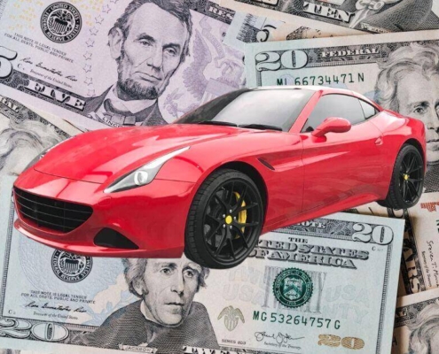 cash money background with bright red sports car - rocket chip performance chip