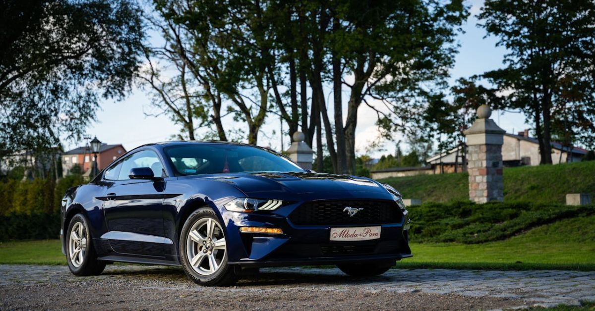 dark blue Ford Mustang parked near a park - rocket chip Ford performance chips