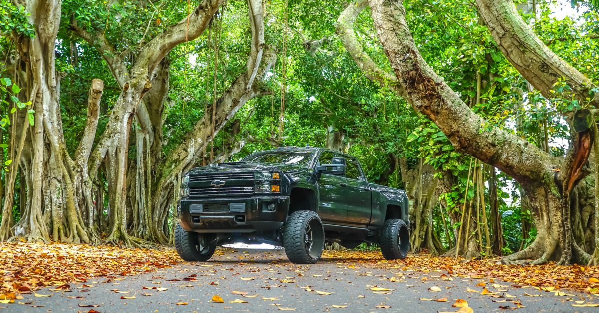 black lifted Chevy truck in the forest - rocket chip plug in performance chip