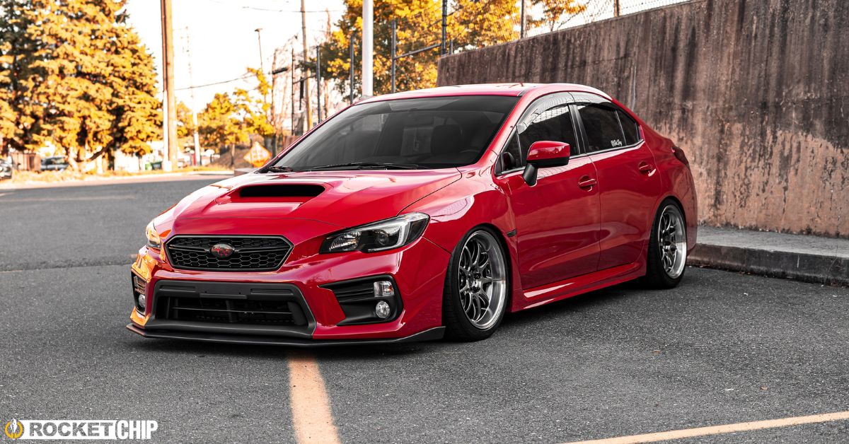 red Subaru parked at an angle - rocket chip plug in performance chip