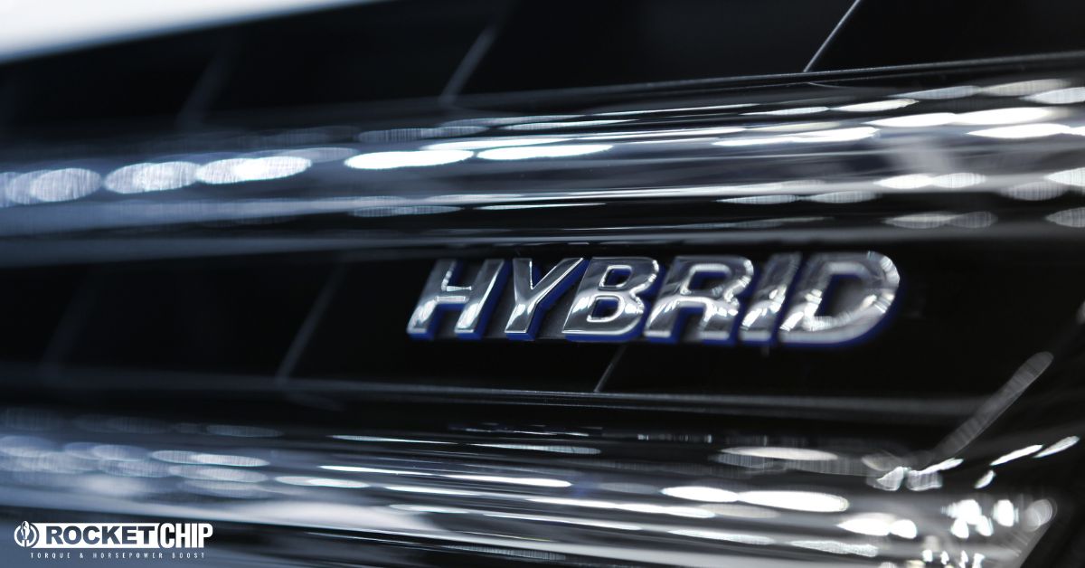 close up of a Hybrid emblem on a vehicle - rocket chip improving MPG