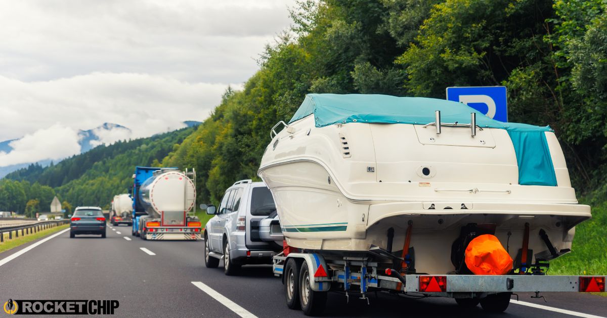 truck hauling a boat while driving on the highway - rocket chip increasing power for towing