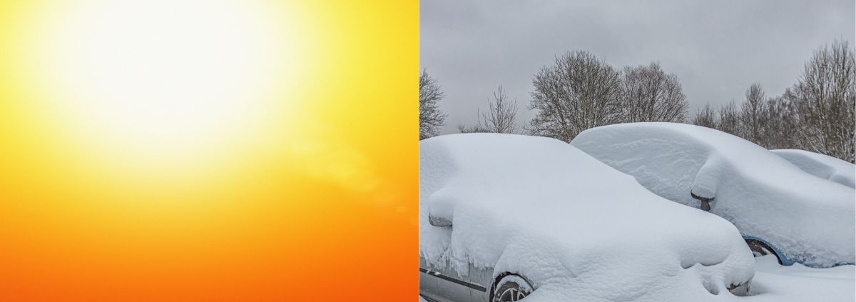 side by side image of hot sun and cars covered in snow - rocket chip improving MPG