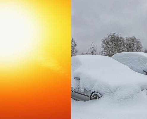 side by side image of hot sun and cars covered in snow - rocket chip improving MPG