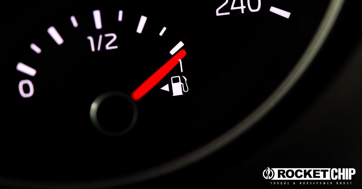 close up of a dashboard showing the fuel gauge - rocket chip improving MPG