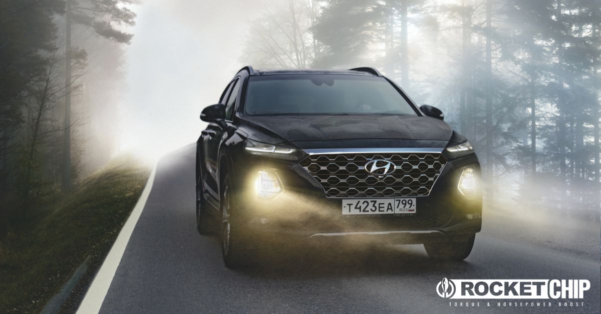 Hyundai with fog lights turned on - rocket chip improving MPG