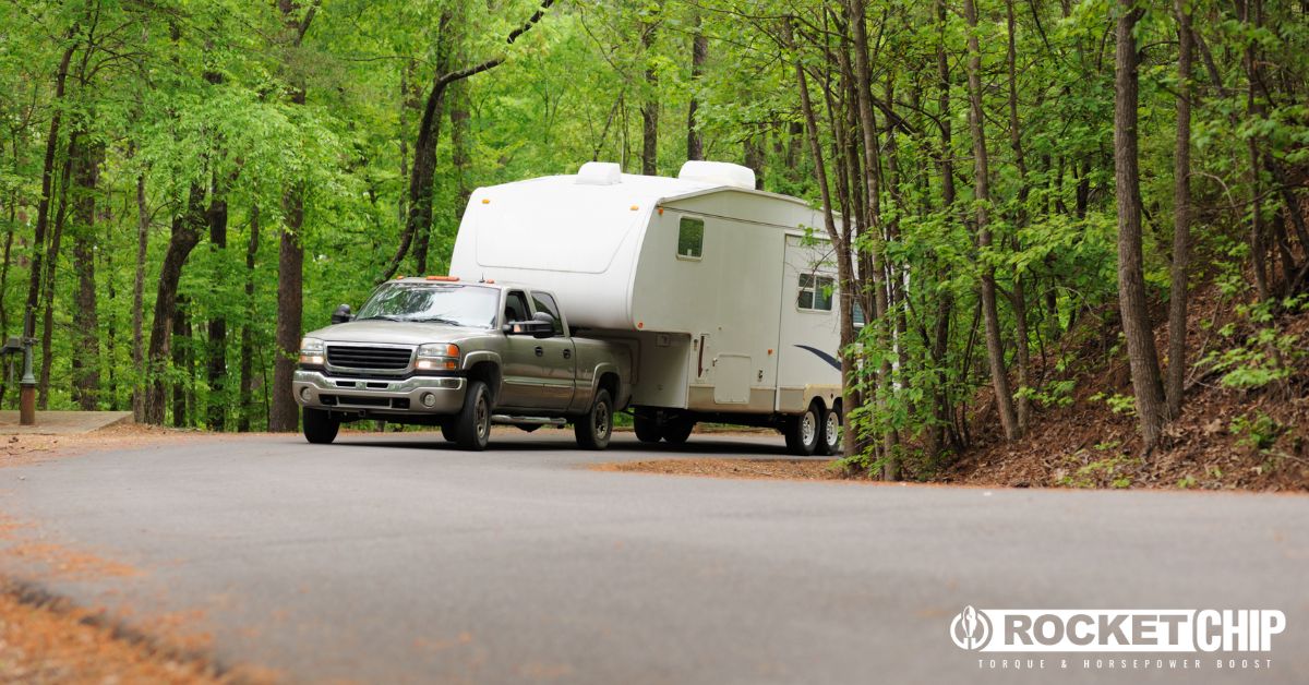 close up a truck towing an RV - rocket chip Increasing Power for Towing