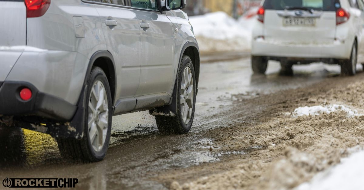 close up of vehicle tires driving through slushy and icy road - rocket chip vehicle maintenance