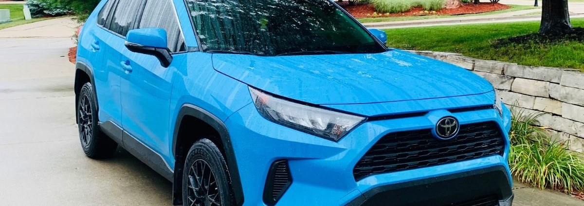 front view of a bright blue Toyota Rav4 - Rocket Chip performance chips
