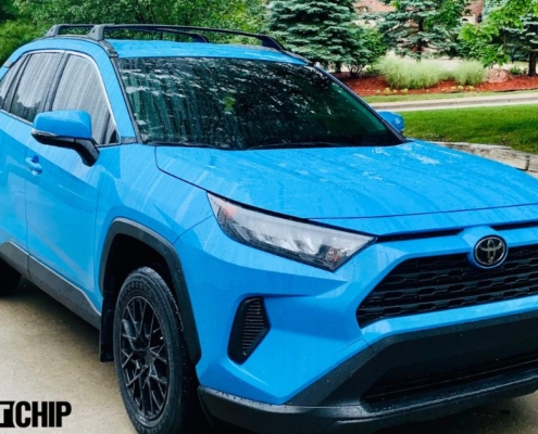 front view of a bright blue Toyota Rav4 - Rocket Chip performance chips